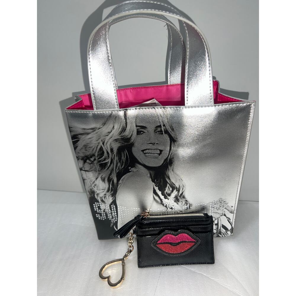 Victoria’s Secret Silver mini Tote + Sequin Lips Card Holder Keychain Set